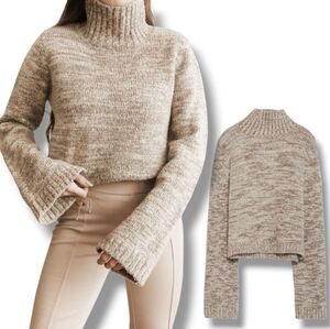 Zara Knit Women's Heather Gray/Tan Wool Blend Knit High Neck Cropped Sweater